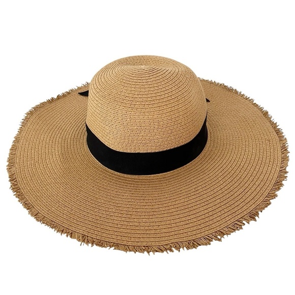 LOFT Straw Floppy Hat Tan Frayed Edge Packable Black Ribbon Summer Beach Light - Picture 2 of 8